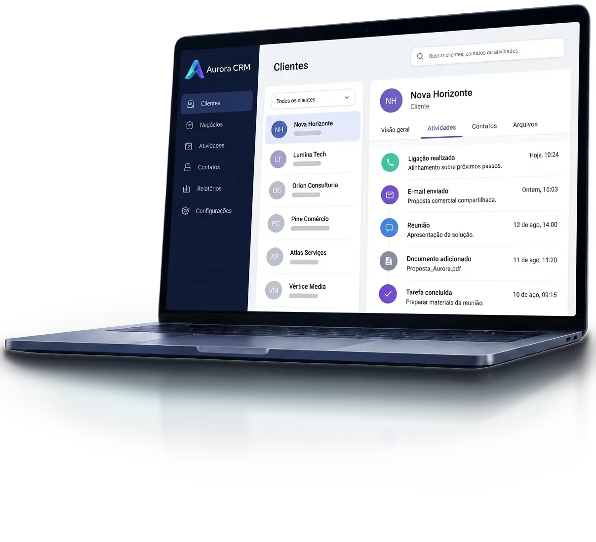 Tela da Aurora CRM com a lista de clientes e o histórico de atividades de Nova Horizonte